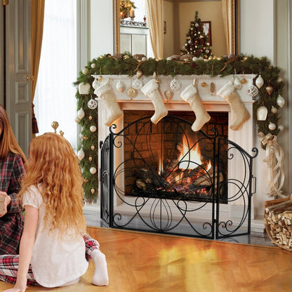 3-Panel Folding Spark Guard with Floral Pattern for Living Room