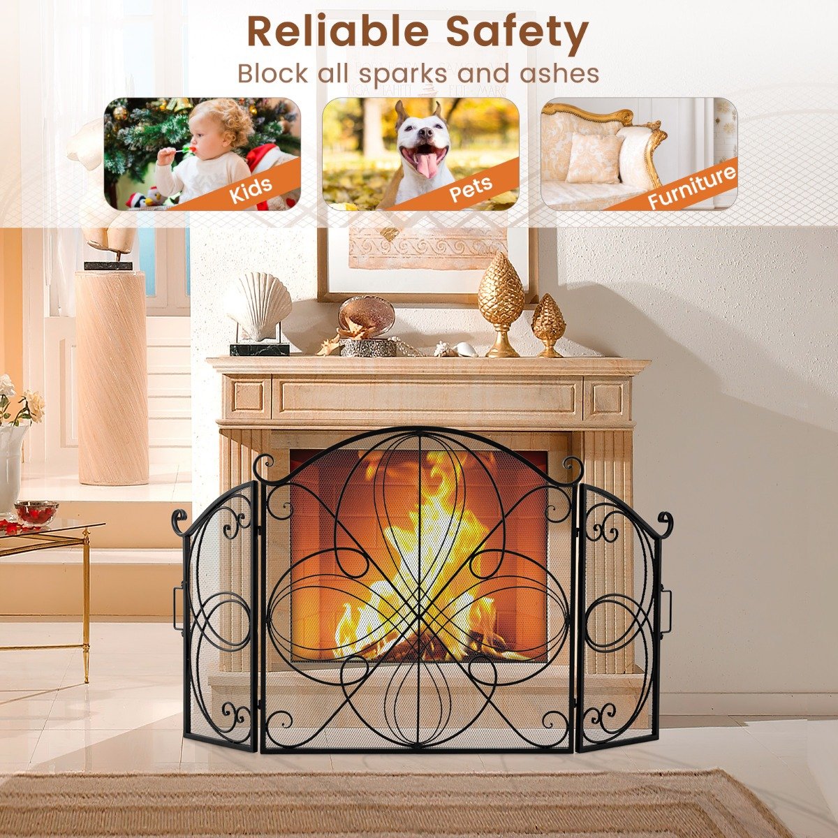 3-Panel Folding Spark Guard with Floral Pattern for Living Room