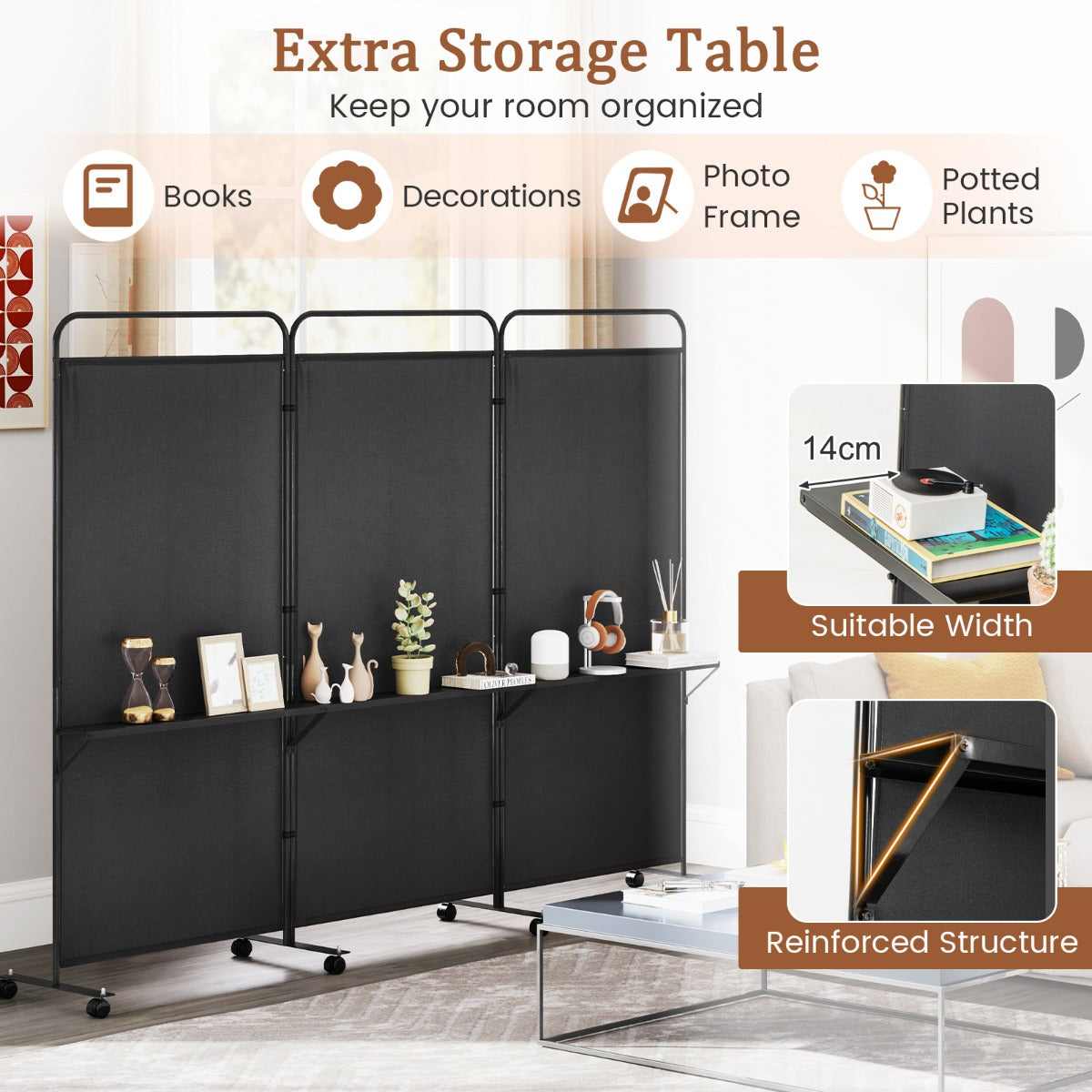 3-Panel 188cm Rolling Privacy Screen Folding Room Divider-Black