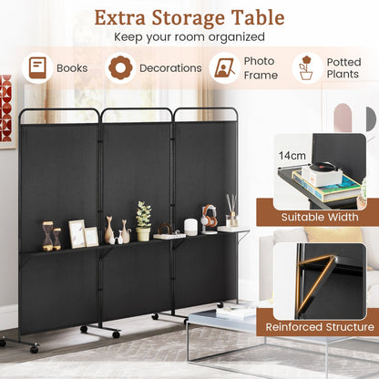 3-Panel 188cm Rolling Privacy Screen Folding Room Divider-Black