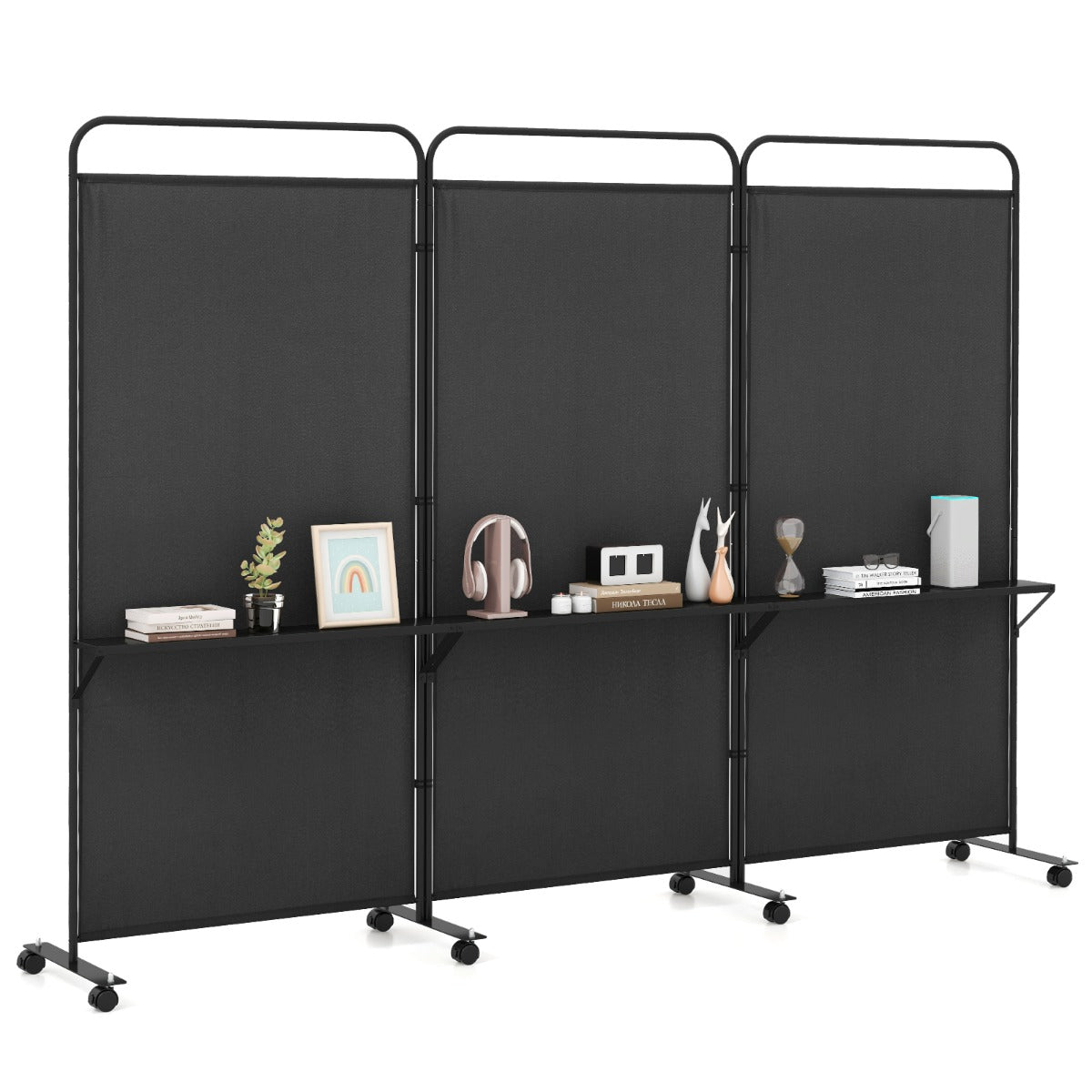 3-Panel 188cm Rolling Privacy Screen Folding Room Divider-Black