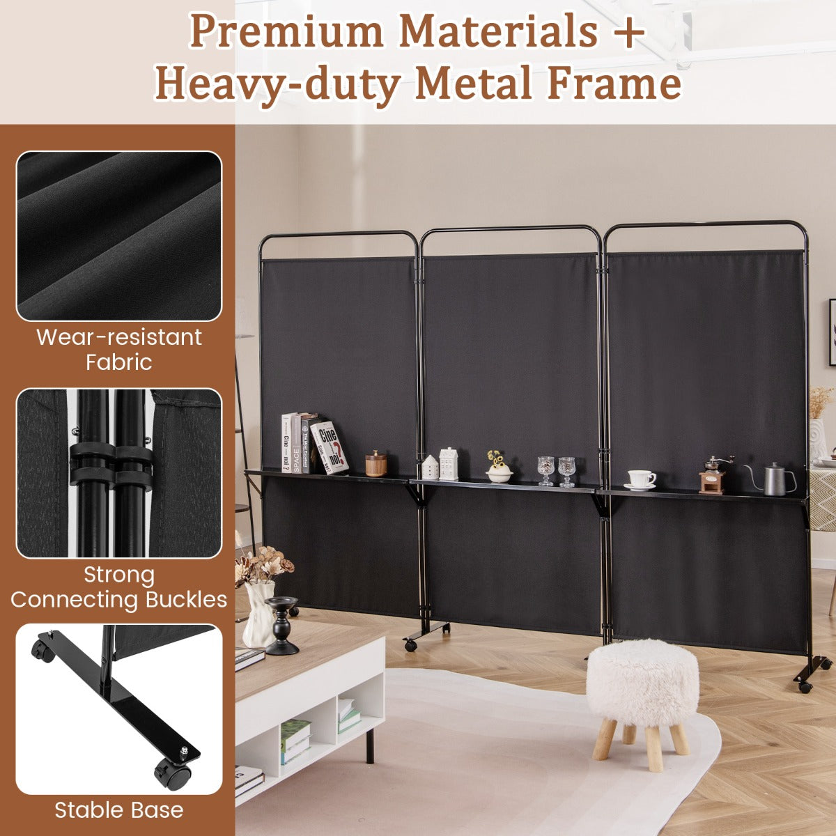 3-Panel 188cm Rolling Privacy Screen Folding Room Divider-Black