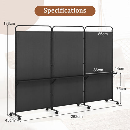 3-Panel 188cm Rolling Privacy Screen Folding Room Divider-Black
