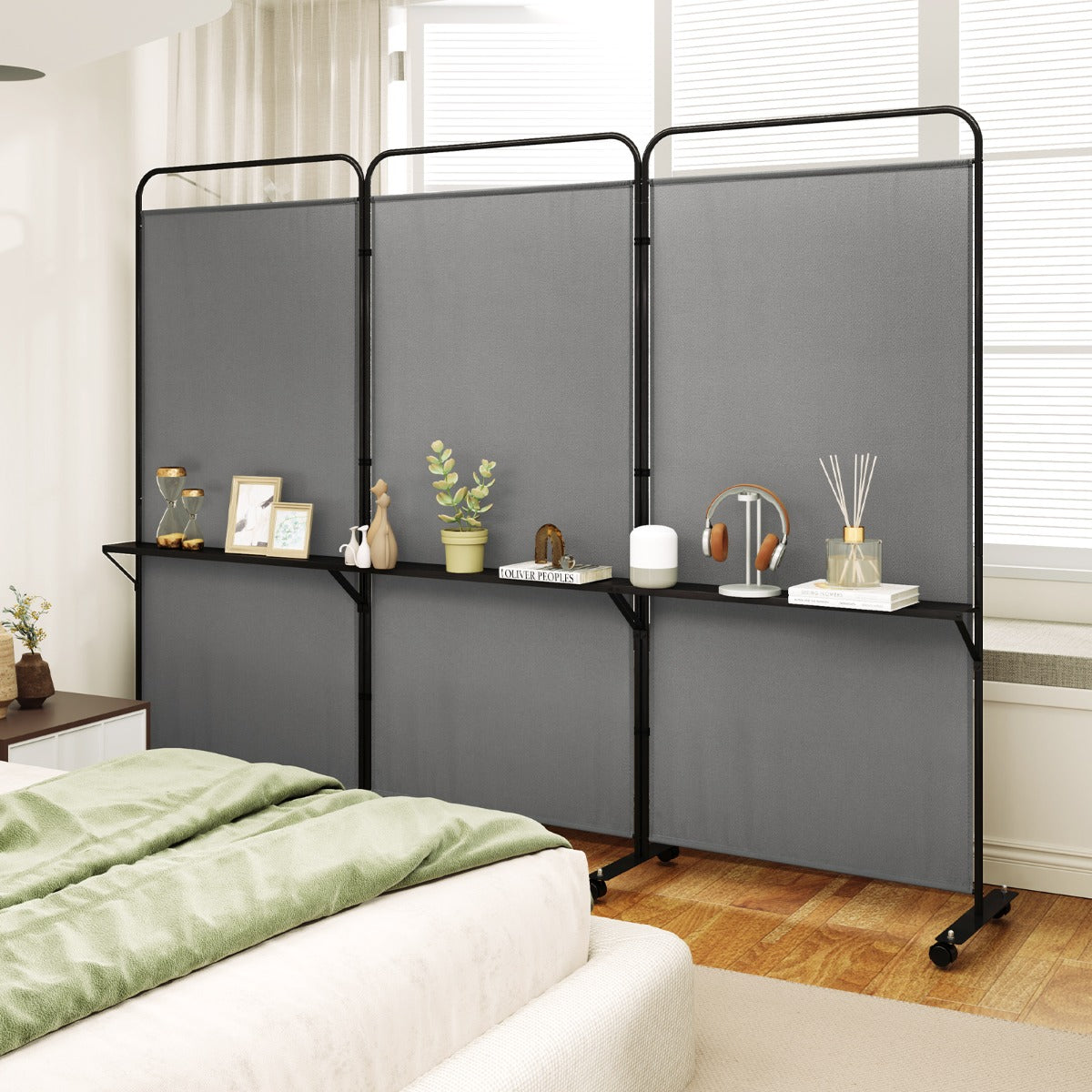 3-Panel 188cm Rolling Privacy Screen Folding Room Divider-Grey