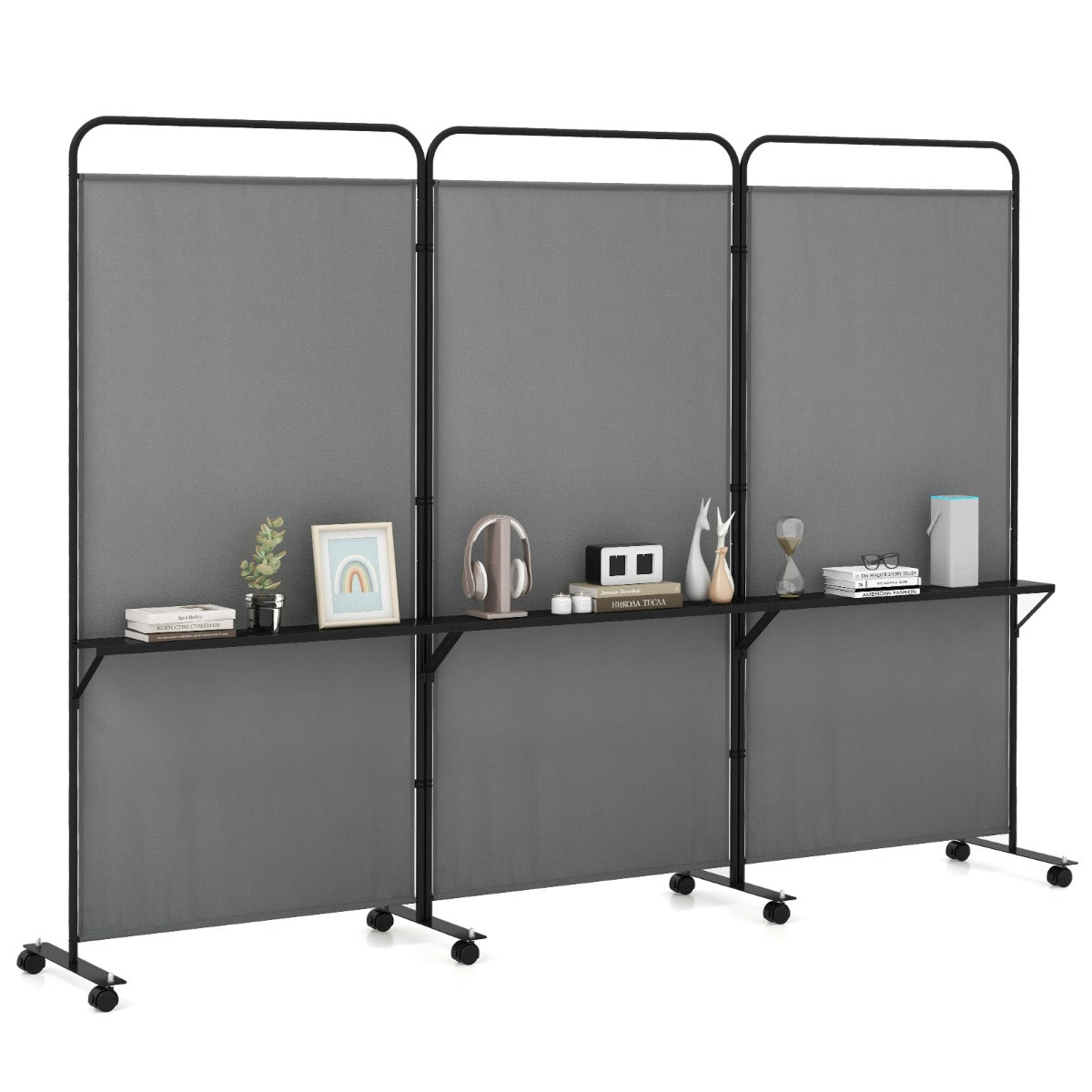3-Panel 188cm Rolling Privacy Screen Folding Room Divider-Grey