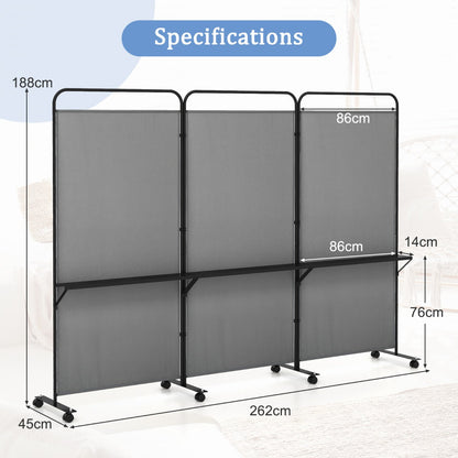 3-Panel 188cm Rolling Privacy Screen Folding Room Divider-Grey