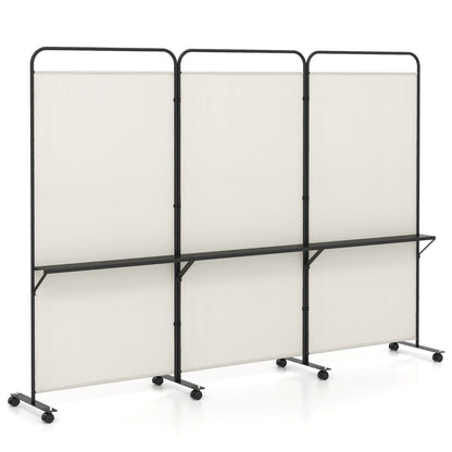 3-Panel 188cm Rolling Privacy Screen Folding Room Divider-White