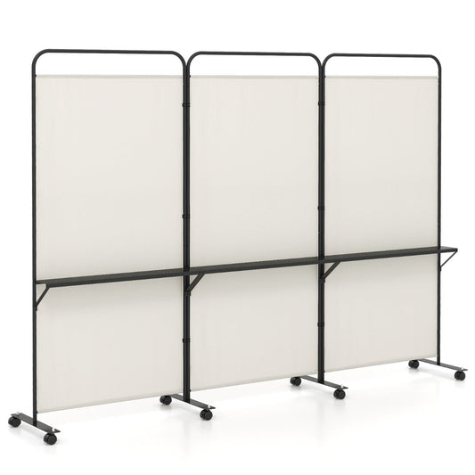3-Panel 188cm Rolling Privacy Screen Folding Room Divider-White