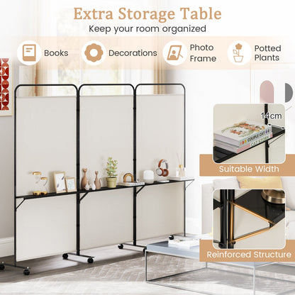 3-Panel 188cm Rolling Privacy Screen Folding Room Divider-White