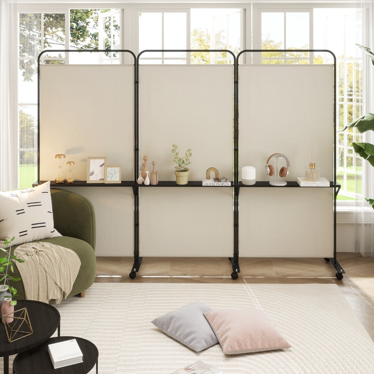 3-Panel 188cm Rolling Privacy Screen Folding Room Divider-White