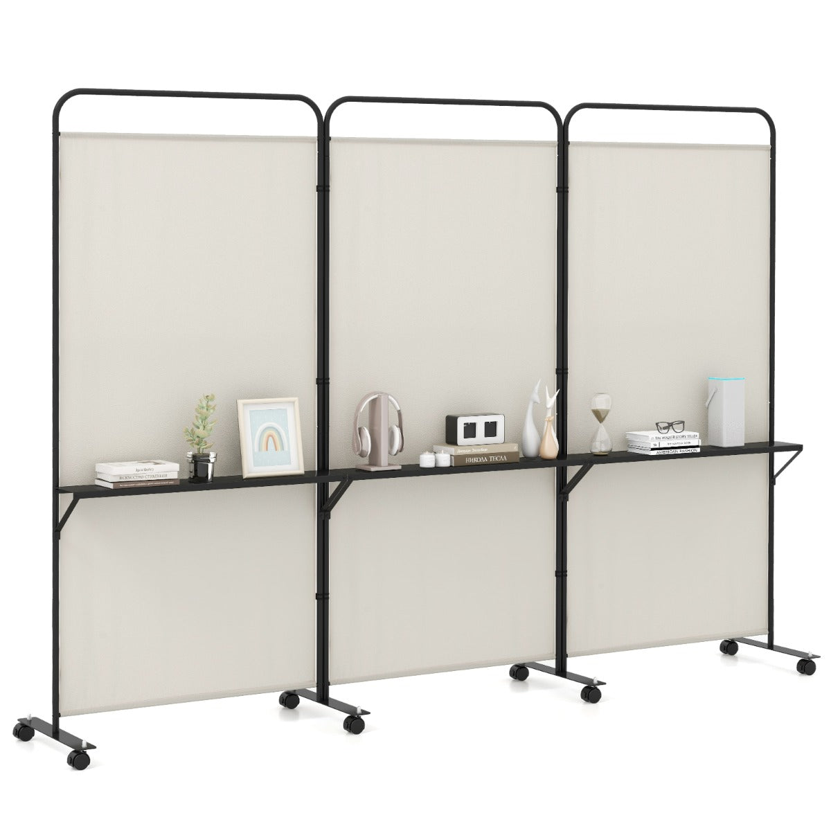 3-Panel 188cm Rolling Privacy Screen Folding Room Divider-White