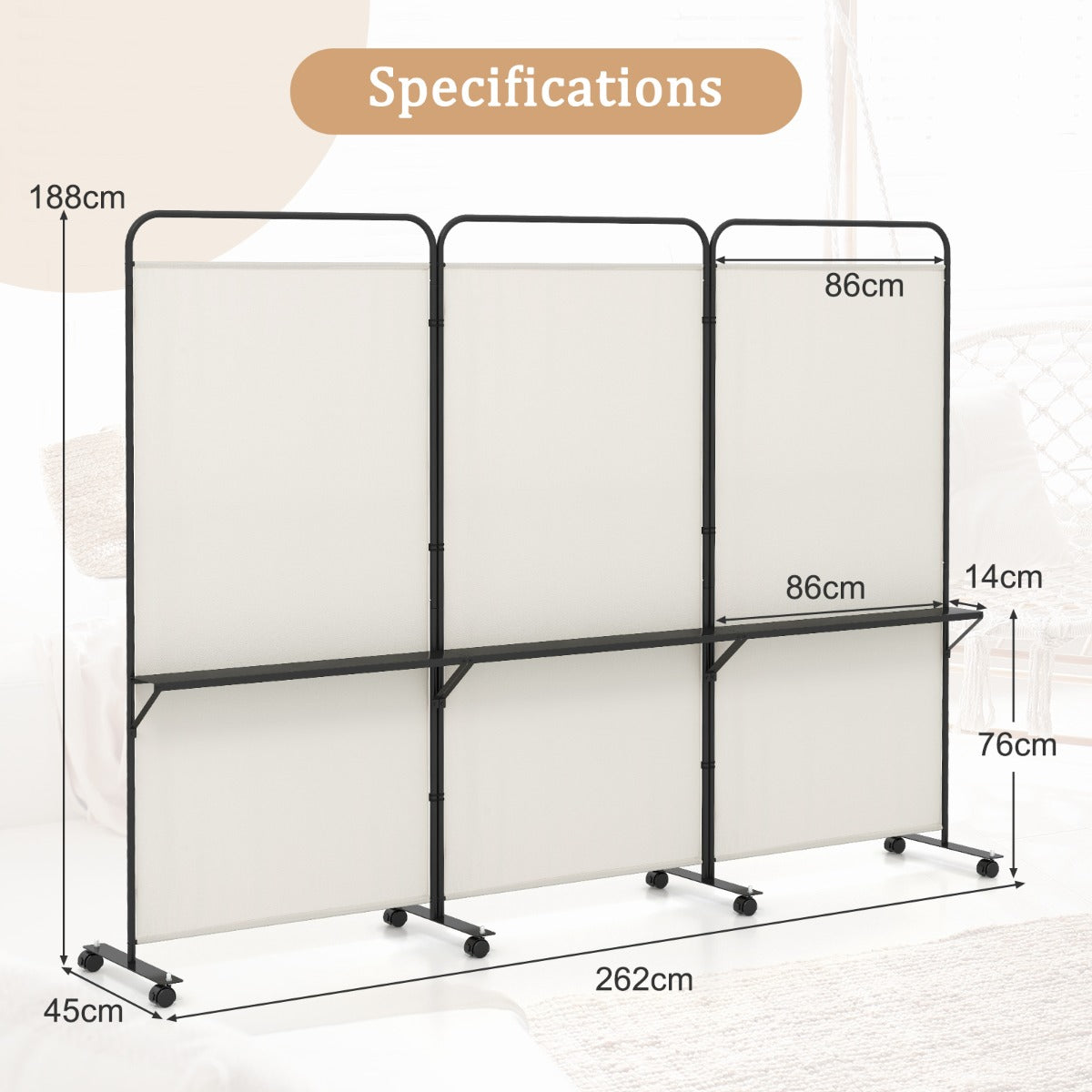 3-Panel 188cm Rolling Privacy Screen Folding Room Divider-White