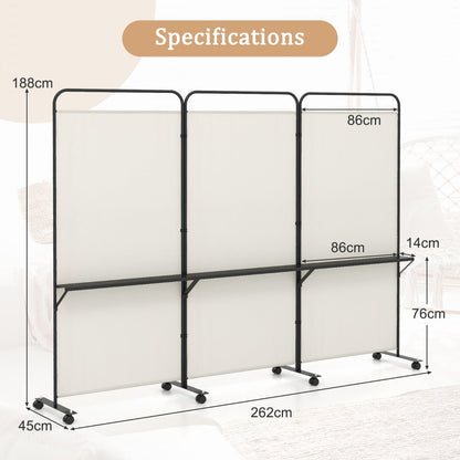 3-Panel 188cm Rolling Privacy Screen Folding Room Divider-White