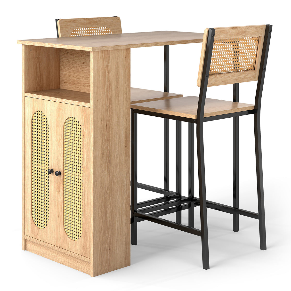3-Piece Bar Table and Chairs Set Counter Height with PE Rattan Cabinet-Natural