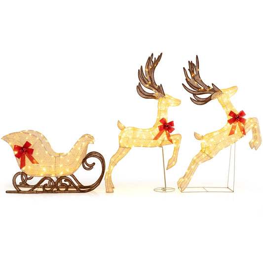 3-Piece Christmas Lighted Reindeer and Sleigh Set Lighted Deer Decoration