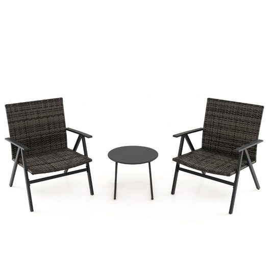 3 Piece Patio Bistro Set Metal Frame Leisure Armchair and Table Set with Rattan Seat and Back-Grey
