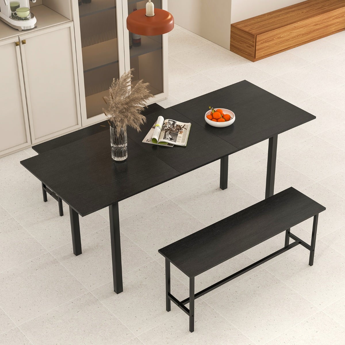 3-Piece 160cm Dining Table Set for 4-6 with 2 Benches-Black