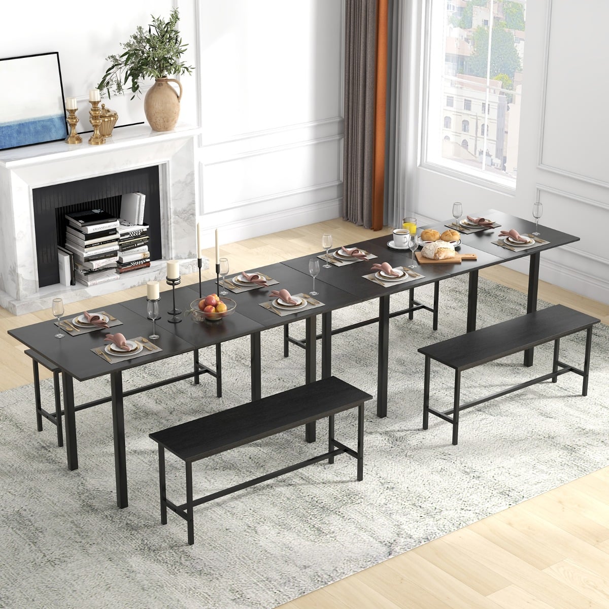 3-Piece 160cm Dining Table Set for 4-6 with 2 Benches-Black