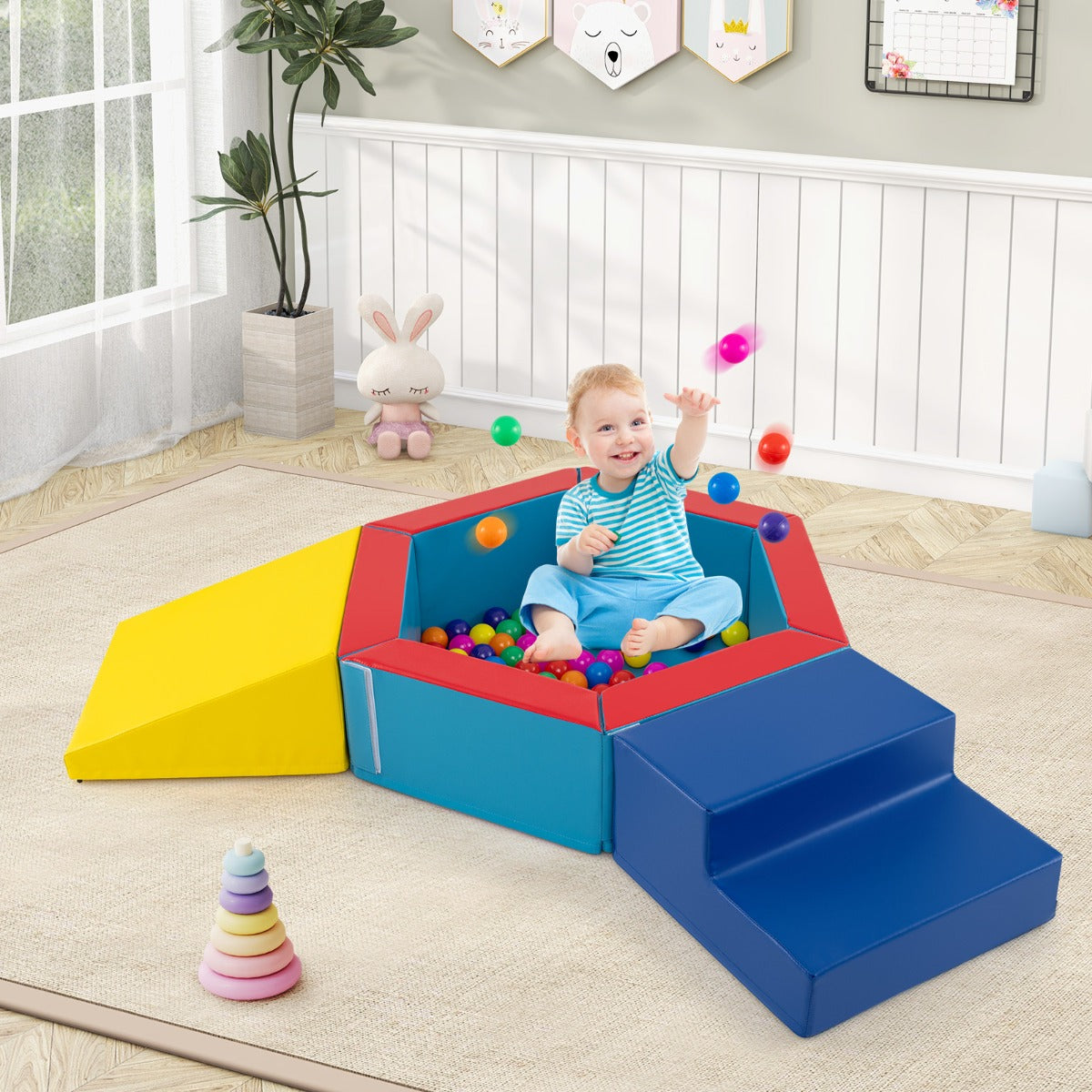 3-Piece Baby Foam Climbing Blocks Set with Ball Pit and Balls-Multicolor