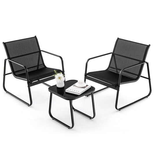 3 Pieces Patio Conversation Set with Breathable Fabric and Tempered Glass Tabletop-Black