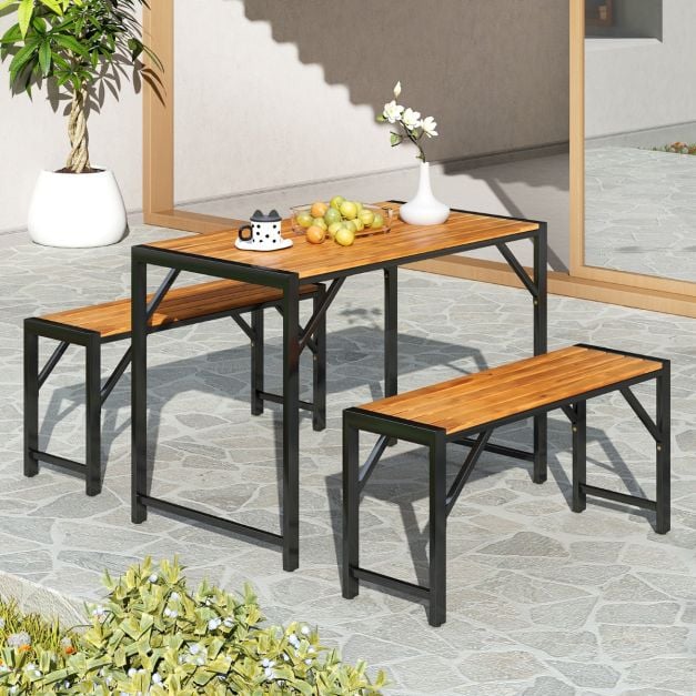 3 Pieces Patio Dining Set with Picnic Table and 2 Benches for 4 People