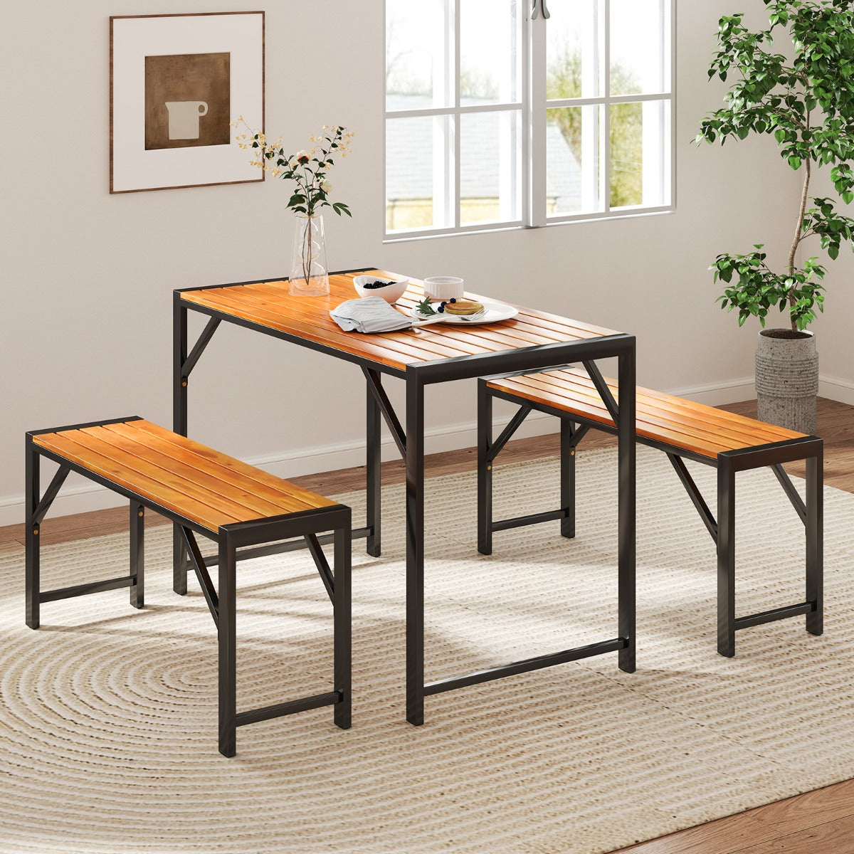 3-Pieces Patio Dining Set with Outdoor Picnic Table and 2 Benches for 4 People