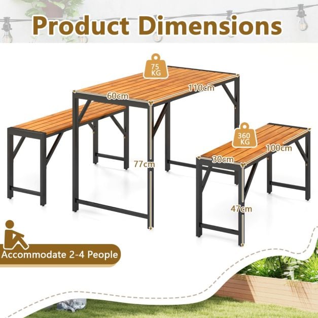 3 Pieces Patio Dining Set with Picnic Table and 2 Benches for 4 People