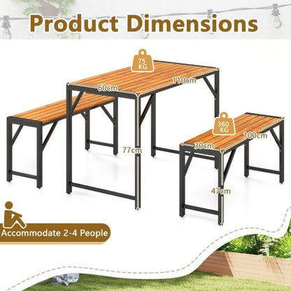 3 Pieces Patio Dining Set with Picnic Table and 2 Benches for 4 People