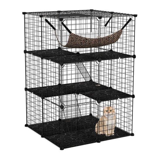3-Tier Cat Enclosure Large Cat Cage with Comfy Hammock in Black