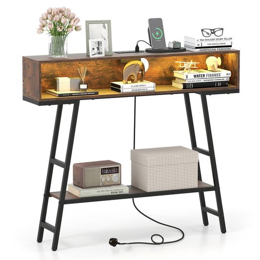 3-Tier Console Table with LED Light and Charging Station in Rustic Brown
