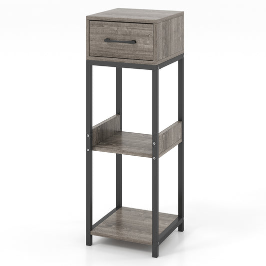 3 Tier Indoor Tall Plant Stand with Drawer and Anti-tipping Devices-Grey
