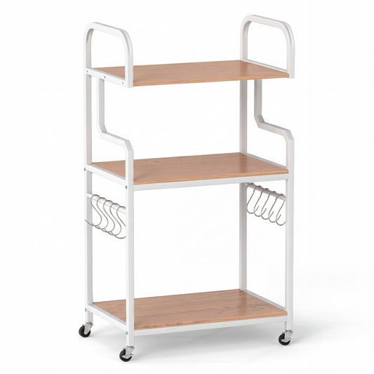 3-Tier Rolling Printer Stand with Storage Shelves and Hooks in Natural