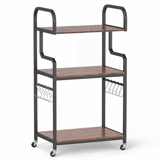 3-Tier Rolling Printer Stand with Storage Shelves and Hooks in Rustic Brown
