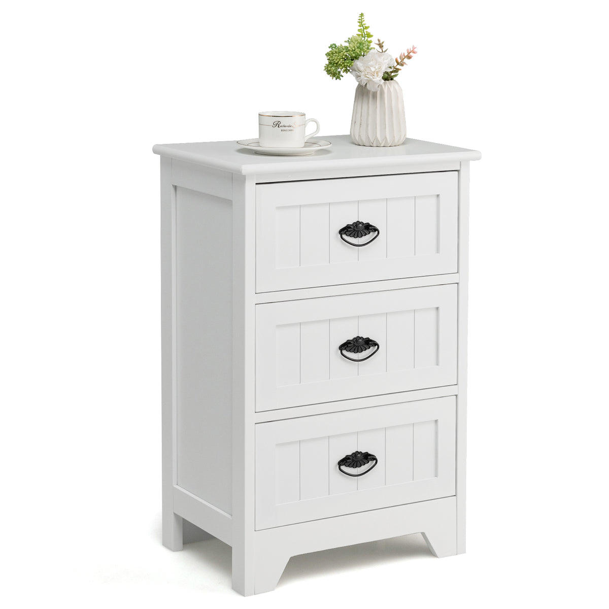 3-Tier Vintage Nightstand with Exquisite Metal Handles-White