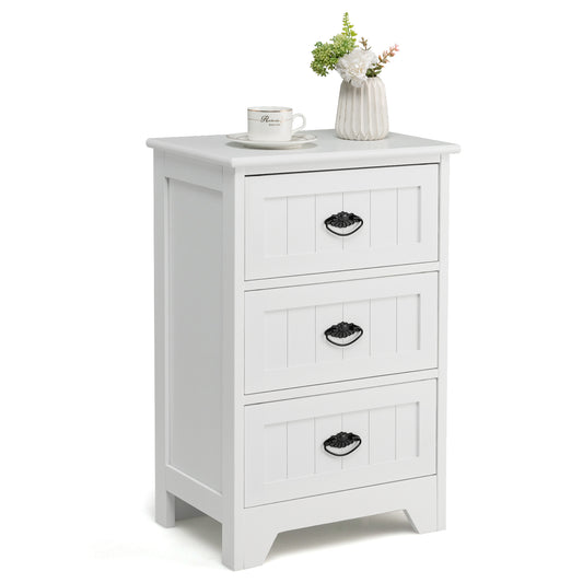 3-Tier Vintage Nightstand with Exquisite Metal Handles-White