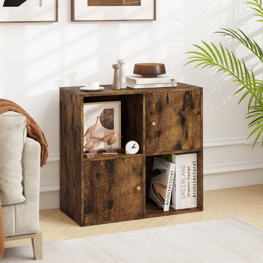 3-Tier Bookshelf with Dual Anti-Tipping Kits and 2 Cabinets-Rustic Brown