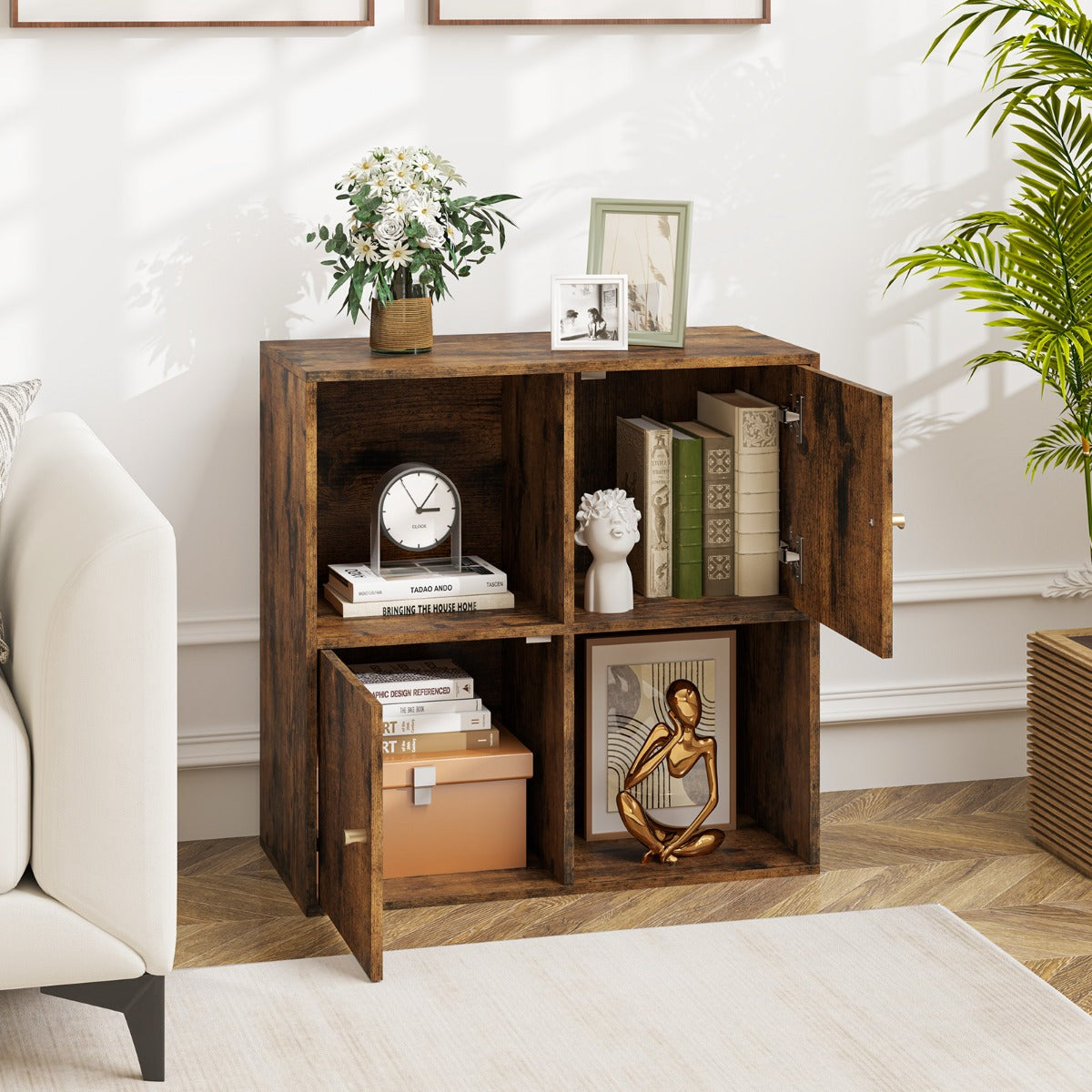 3-Tier Bookshelf with Dual Anti-Tipping Kits and 2 Cabinets-Rustic Brown