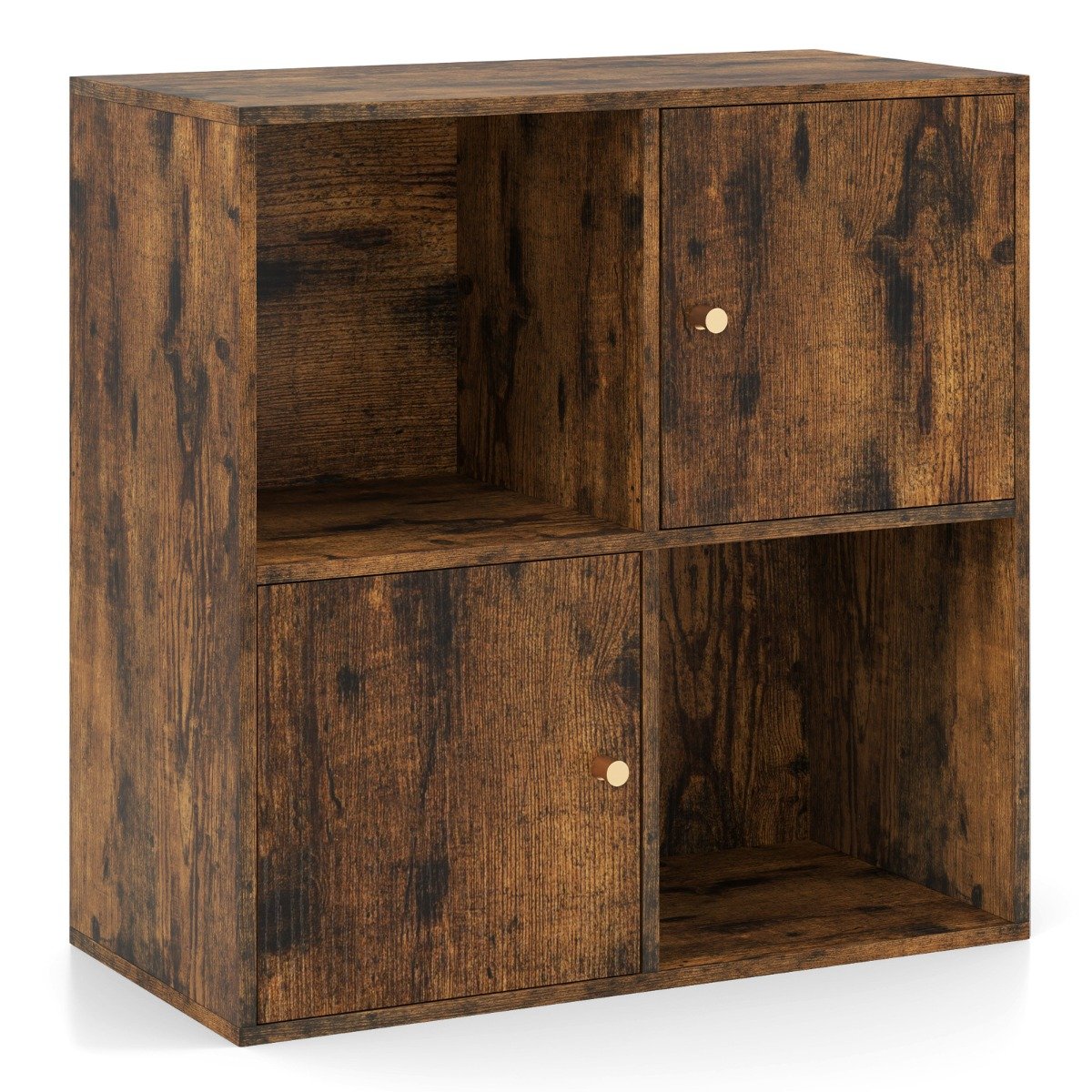 3-Tier Bookshelf with Dual Anti-Tipping Kits and 2 Cabinets-Rustic Brown