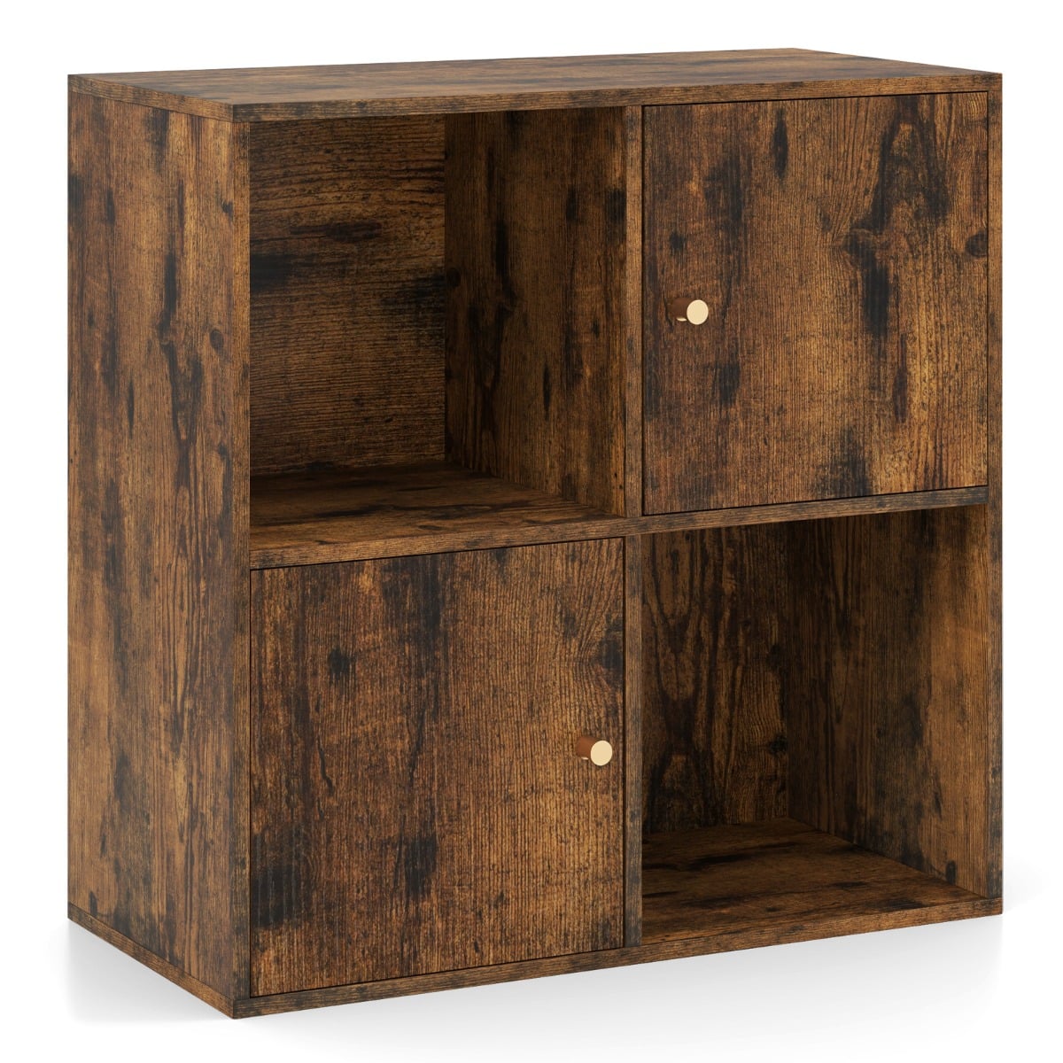 3-Tier Bookshelf with Dual Anti-Tipping Kits and 2 Cabinets-Rustic Brown