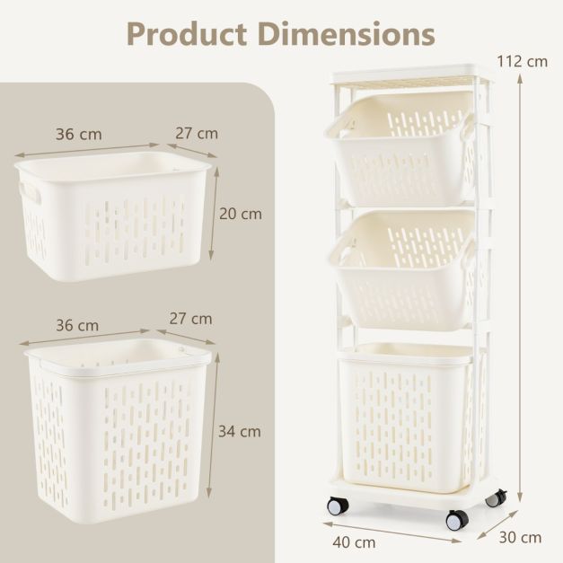 3-Tier Laundry Hamper Cart with 4 Rolling Wheels-White