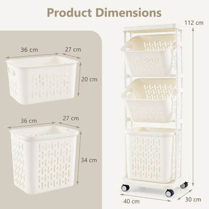 3-Tier Laundry Hamper Cart with 4 Rolling Wheels-White