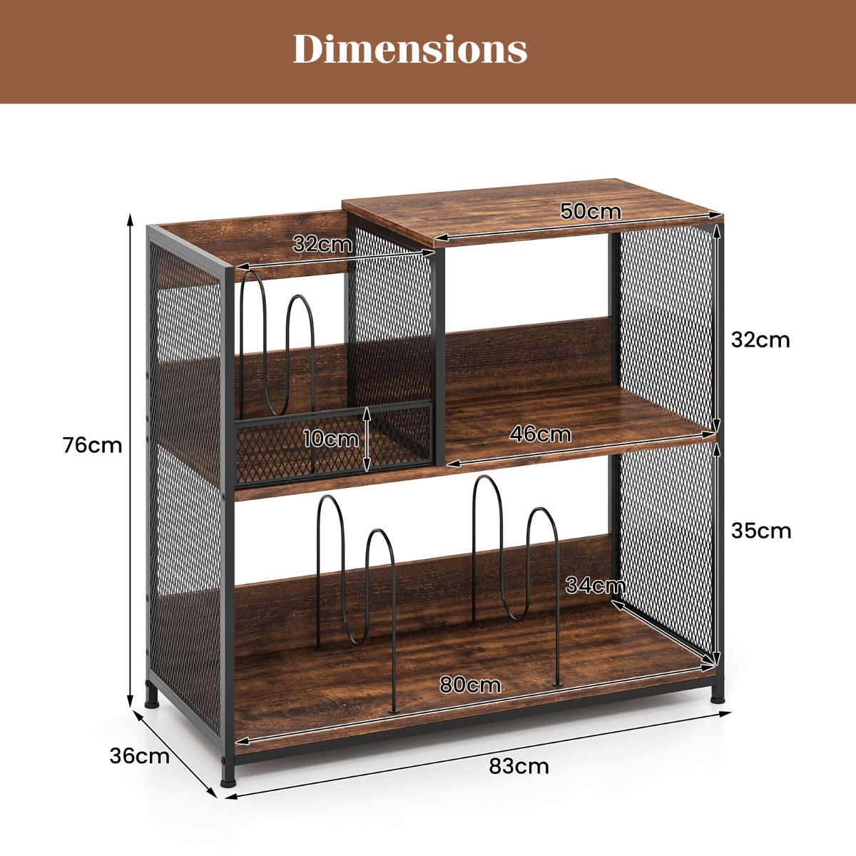 3-Tier Record Player Stand with Vinyl Storage and 3 Removable Dividers-Brown