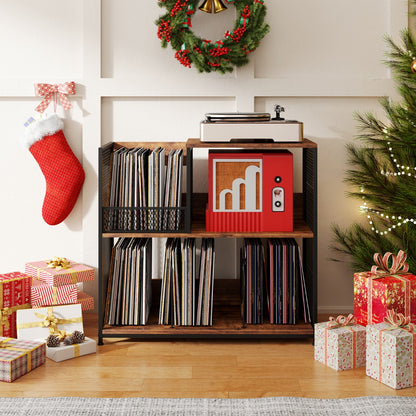 3-Tier Record Player Stand with Vinyl Storage and 3 Removable Dividers-Brown