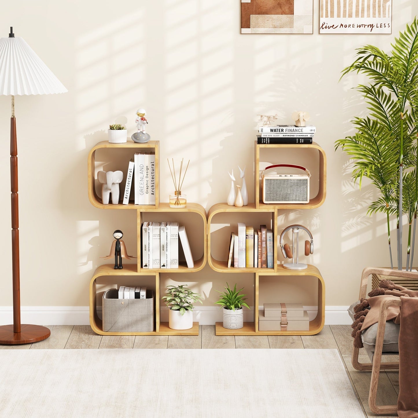 3-Tier S-Shaped Bookcase with 3 Open Cubes for Living Room-Natural