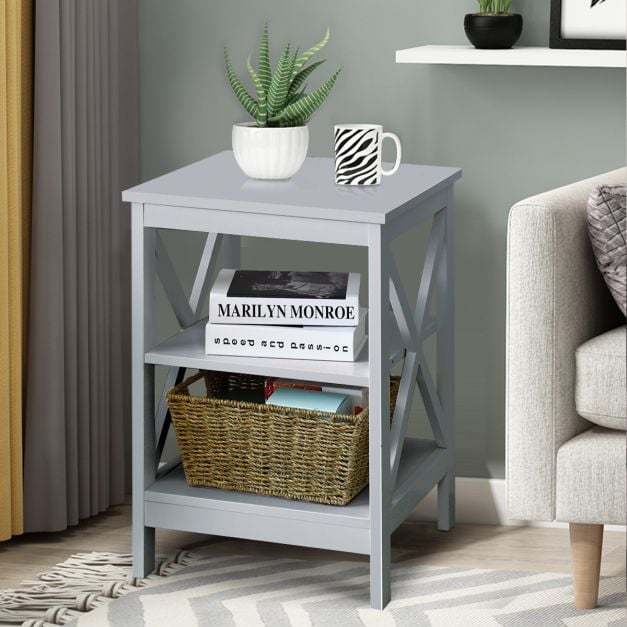 3-Tier Nightstand End Table with X Design Storage -Gray
