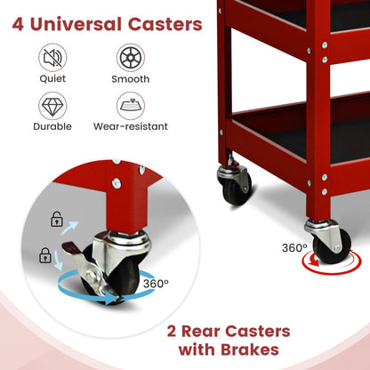 3 Tier Tool Trolley with Drawer and 4 Wheels-Red