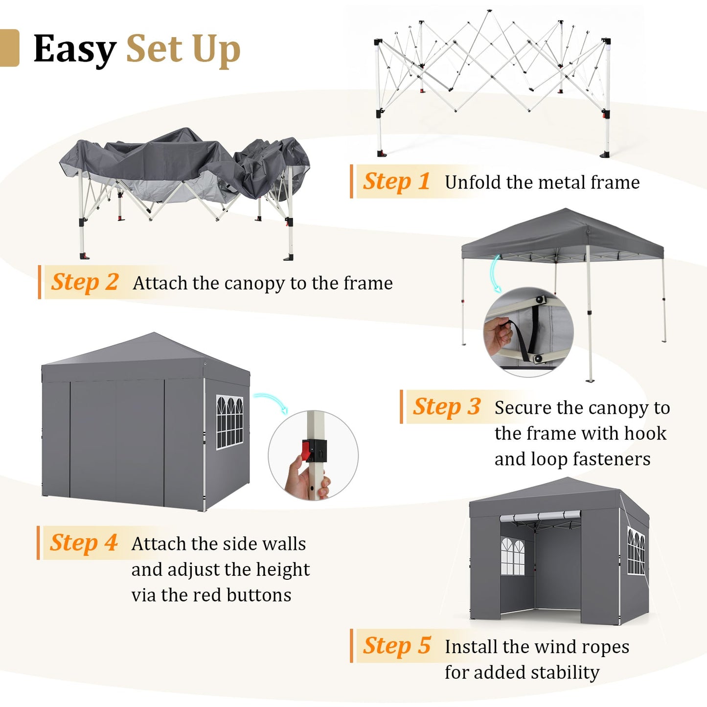 3 x 3 m Pop Up Canopy with 4 Sidewalls and Adjustable Height-Grey