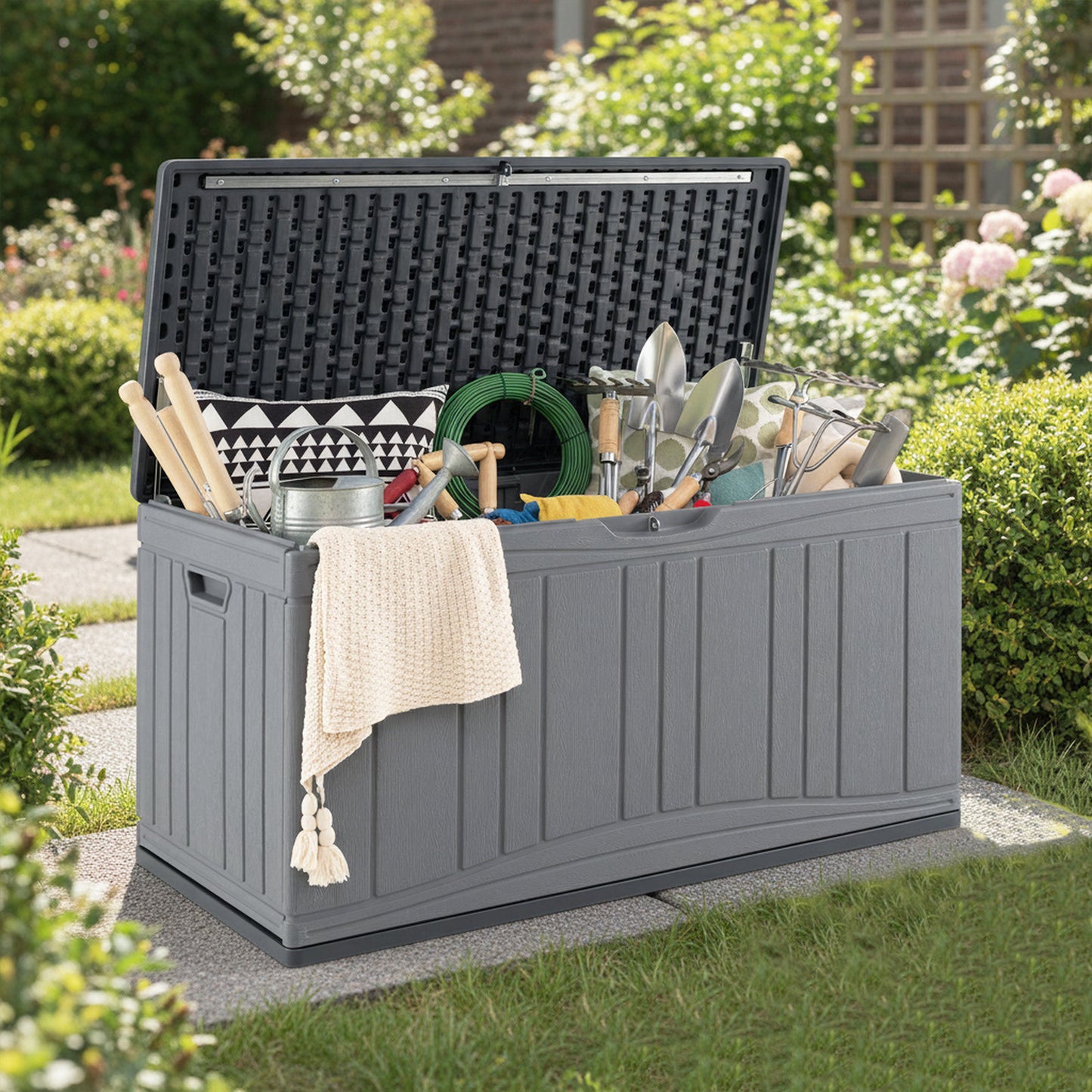 300 L Patio HDPE Storage Container with Gas Struts and Lockable Lid-Grey