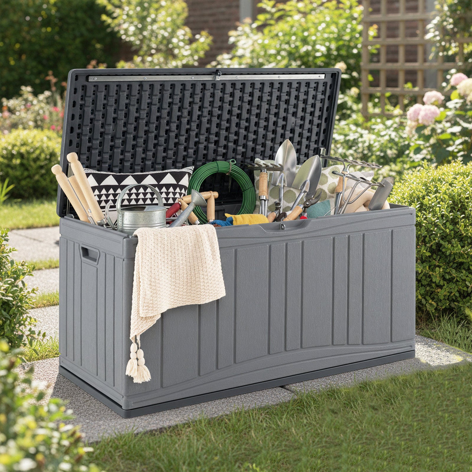 300 L Patio HDPE Storage Container with Gas Struts and Lockable Lid-Grey