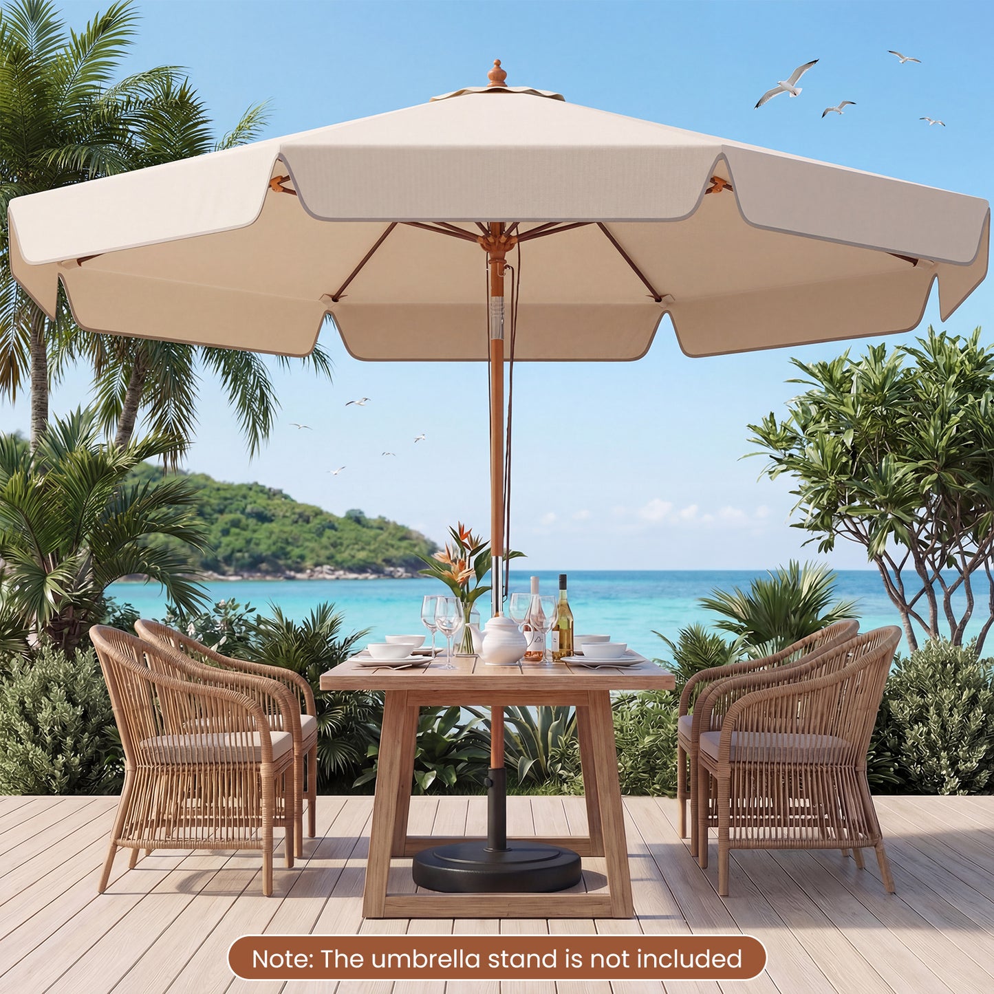 300 cm Scalloped Patio Umbrella Market Table Umbrella with Push Button Tilt-Beige